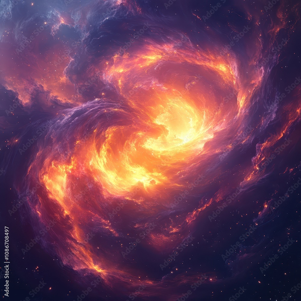 A vibrant, swirling nebula filled with fiery orange and purple hues against a starry background, showcasing the beauty of the cosmos. A vibrant, swirling nebula filled with fiery orange and purple hues against a starry background, showcasing the beauty of the cosmos.
