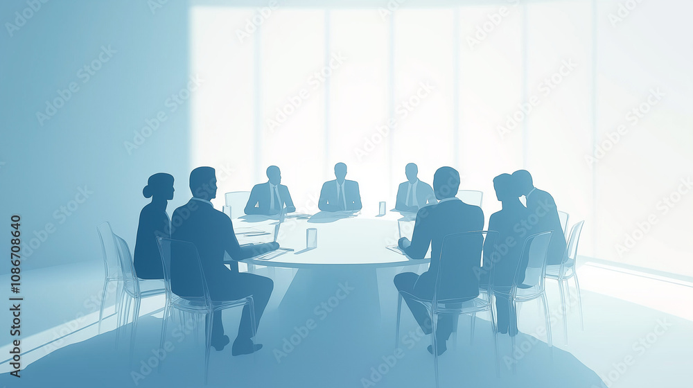 Silhouettes of business team discussing around a round table Silhouettes of business team discussing around a round table