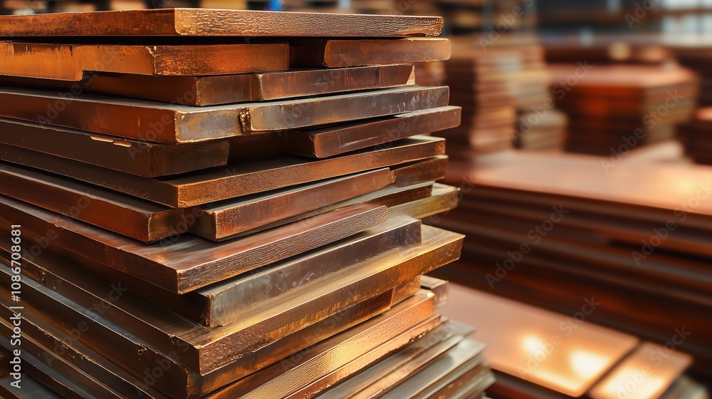 A close-up view of stacked metal plates, showcasing their texture and sheen in an industrial setting. A close-up view of stacked metal plates, showcasing their texture and sheen in an industrial setting.