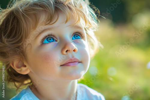 A little girl with blue eyes looking up at the sky