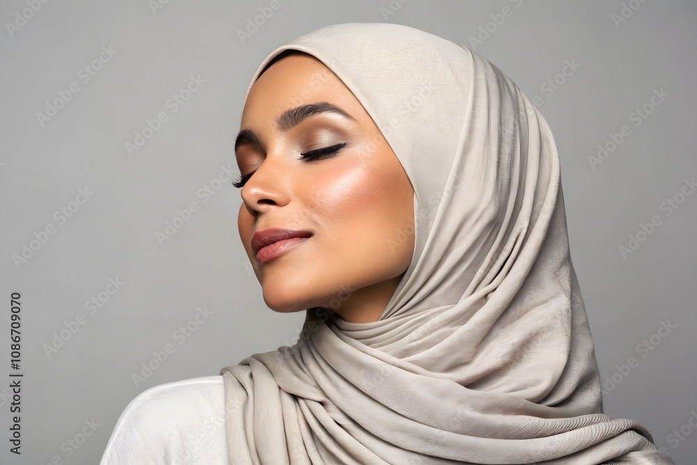 gorgeous hijabed model. isolated on grey background. created by Generative AI gorgeous hijabed model. isolated on grey background. created by Generative AI
