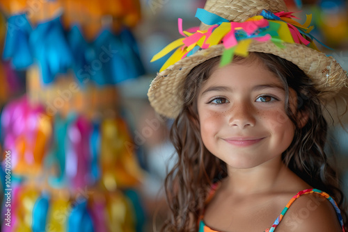 Generative AI Image of a Smiling Child in Colorful Traditional Costume at a Festive Holiday Celebration