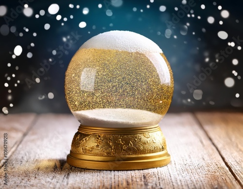 The snow globe has a miniature town with a Christmas sleigh, a golden base on a snowy ground, full of snow, Generative AI