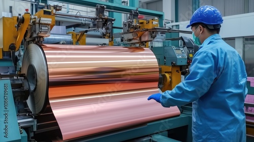 A worker operates machinery to process shiny copper sheets in a modern manufacturing facility.