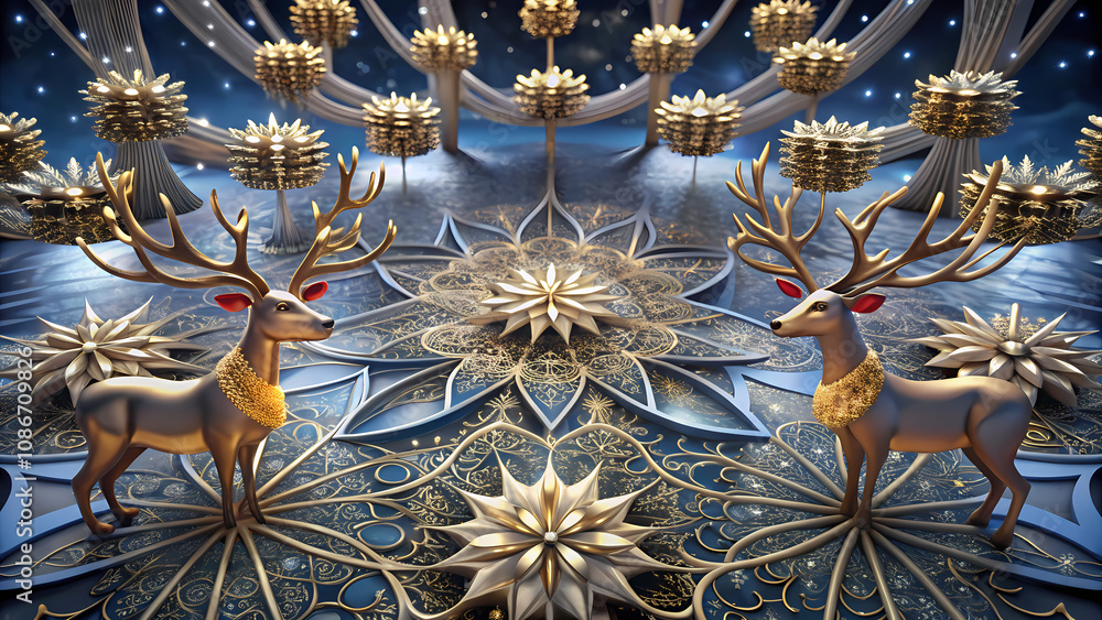 Fototapeta premium Gold reindeer in ornate winter wonderland scene.