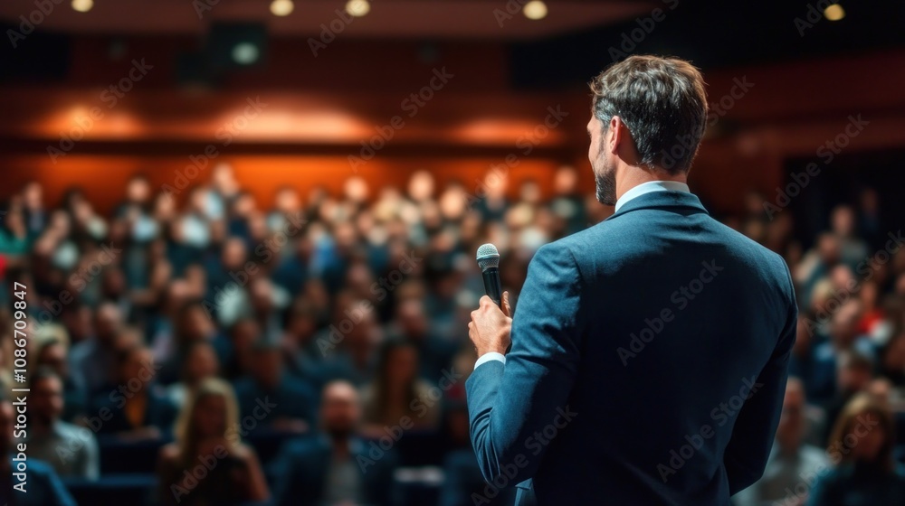 A speaker addresses a large audience in a formal setting. A speaker addresses a large audience in a formal setting.
