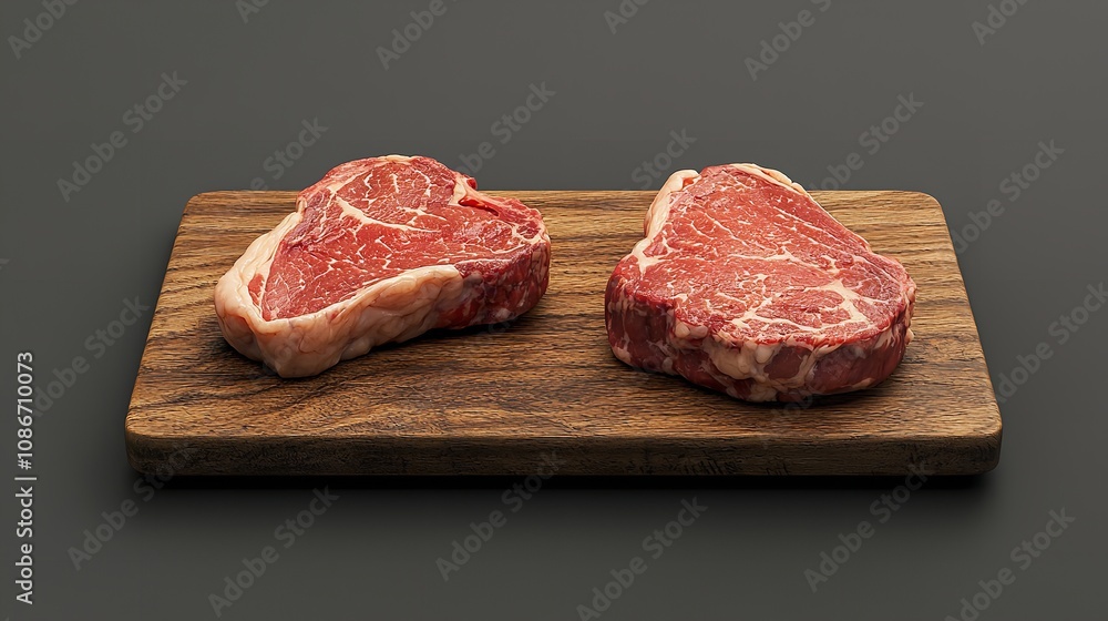 Two Raw Ribeye Steaks on a Wooden Board on a Table Two Raw Ribeye Steaks on a Wooden Board on a Table
