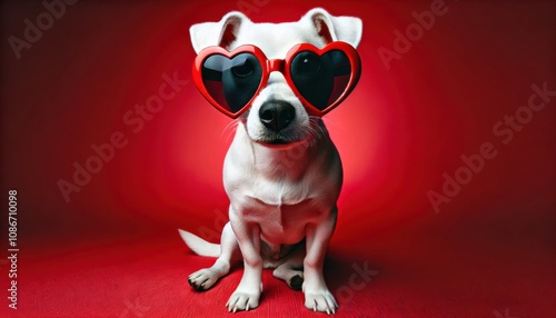 Cute white dog wearing red heart-shaped sunglasses against a vibrant red background. Fun and playful portrait perfect for Valentine’s Day themes. photo