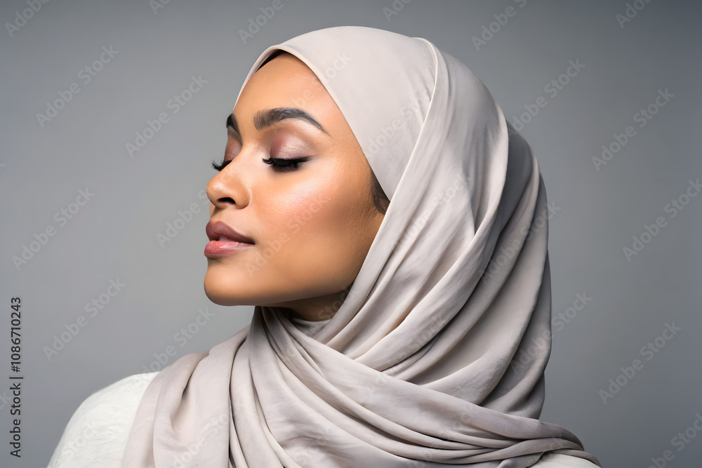 gorgeous hijabed model. isolated on grey background. created by Generative AI