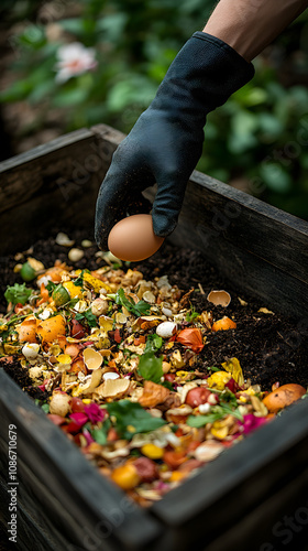 A person wearing gardening gloves holding an egg and tending to a nest in an outdoor environment, symbolizing care, sustainability, and the nurturing of life, ideal for themes related to organic farmi photo