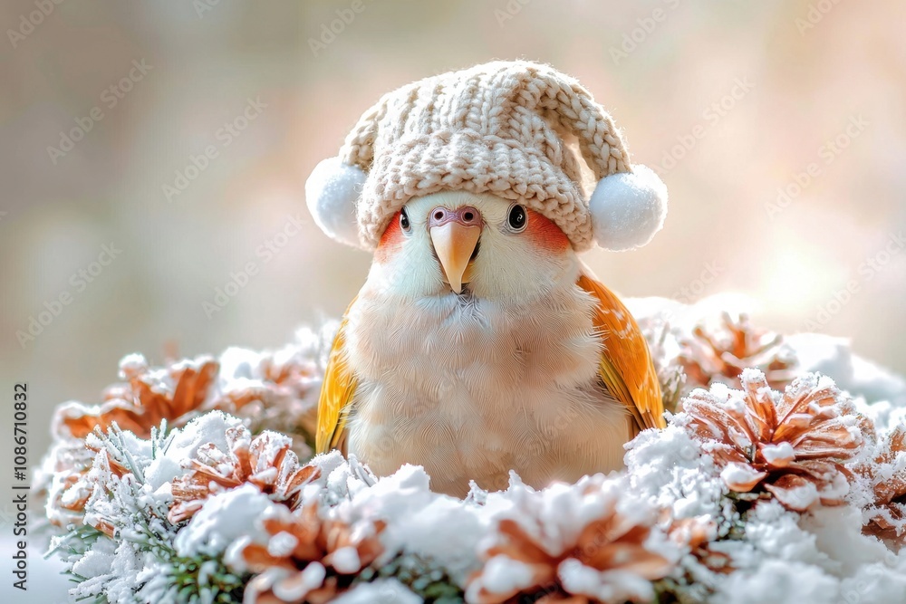 Obraz premium Pet winter accessories concept with hat. A cute bird wearing a knitted hat sits amidst snowy decorations and pine cones, capturing a whimsical winter scene