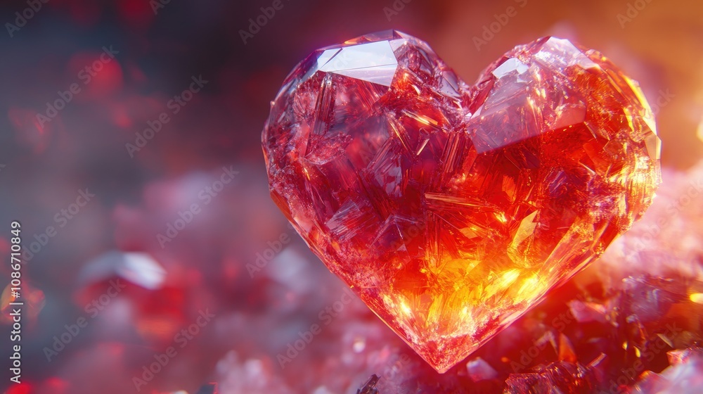 A stunning close-up of a red crystal heart, radiating warmth and passion against a dreamy, colorful background. A stunning close-up of a red crystal heart, radiating warmth and passion against a dreamy, colorful background.