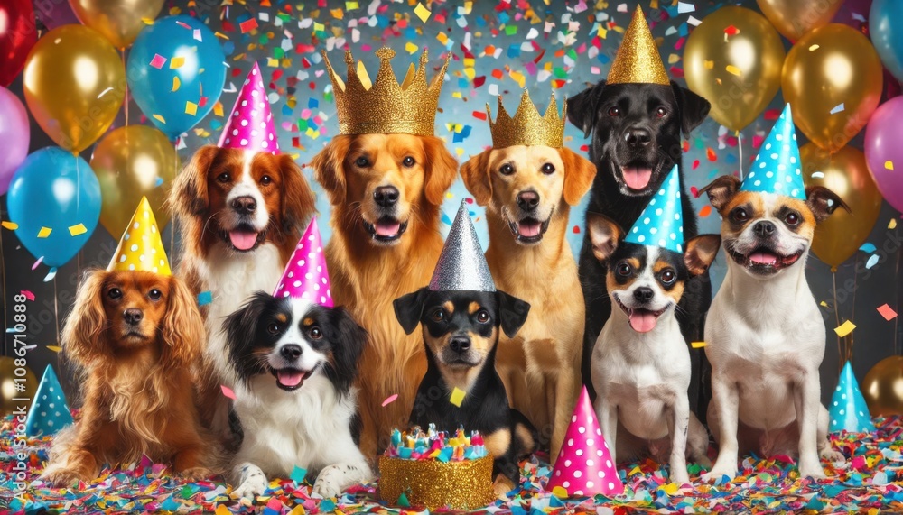 A joyful group of dogs wearing party hats and a crown, surrounded by colorful streamers, confetti, and party horns, celebrating in festive style. A joyful group of dogs wearing party hats and a crown, surrounded by colorful streamers, confetti, and party horns, celebrating in festive style.