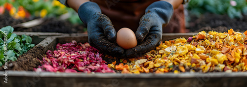 A person wearing gardening gloves holding an egg and tending to a nest in an outdoor environment, symbolizing care, sustainability, and the nurturing of life, ideal for themes related to organic farmi photo