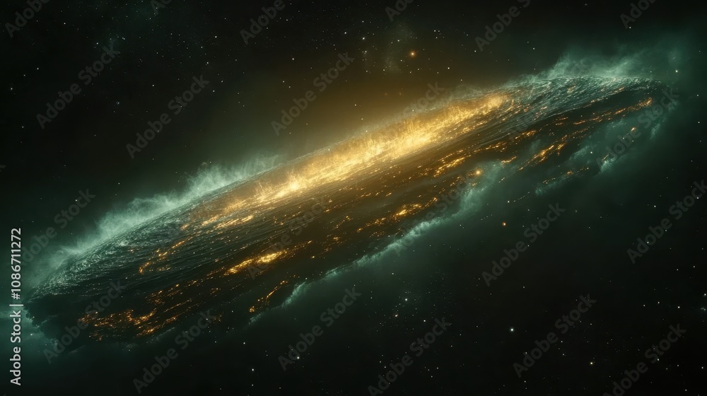 Fototapeta premium A stunning cosmic image of a glowing galaxy, featuring a bright central band of light surrounded by swirling clouds of gas and stars.