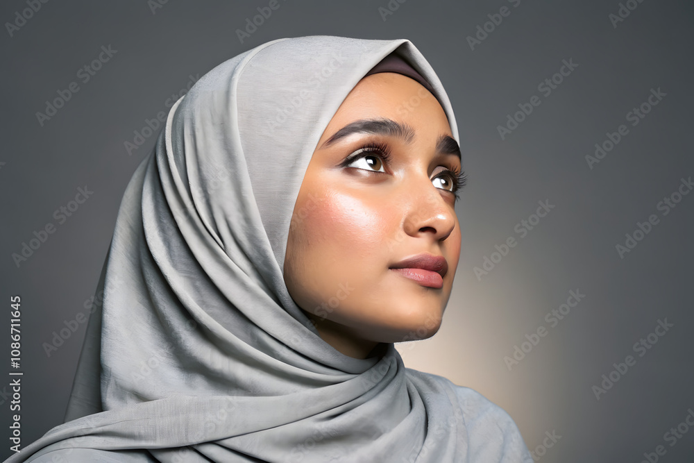 gorgeous hijabed model. isolated on grey background. created by Generative AI gorgeous hijabed model. isolated on grey background. created by Generative AI