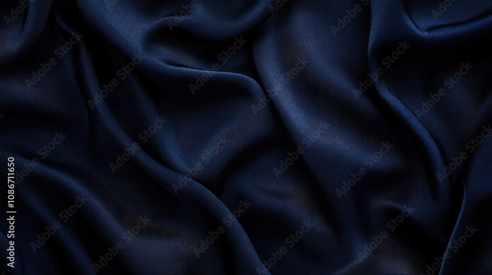 Obraz premium Elegant dark blue satin fabric draped gracefully, displaying soft waves and subtle sheen.