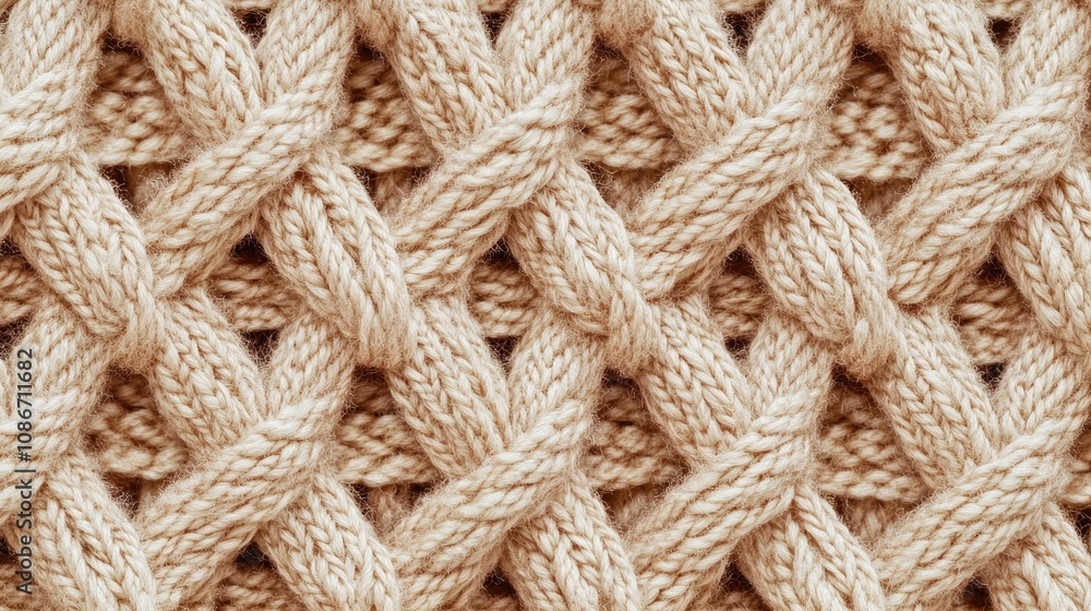 Close-up of a textured, interwoven cream-colored knitted fabric, showcasing intricate patterns and soft fibers. Close-up of a textured, interwoven cream-colored knitted fabric, showcasing intricate patterns and soft fibers.