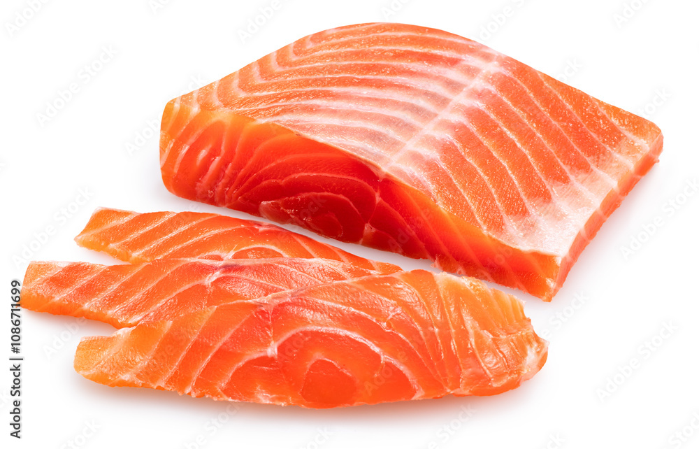 Salmon fillet and salmon slices isolated on white background. File contains clipping path. Salmon fillet and salmon slices isolated on white background. File contains clipping path.