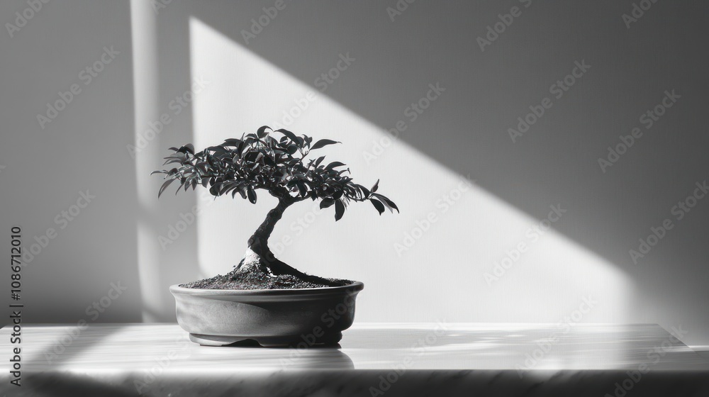 A solitary bonsai tree in a minimalist setting, illuminated by soft shadows. A solitary bonsai tree in a minimalist setting, illuminated by soft shadows.