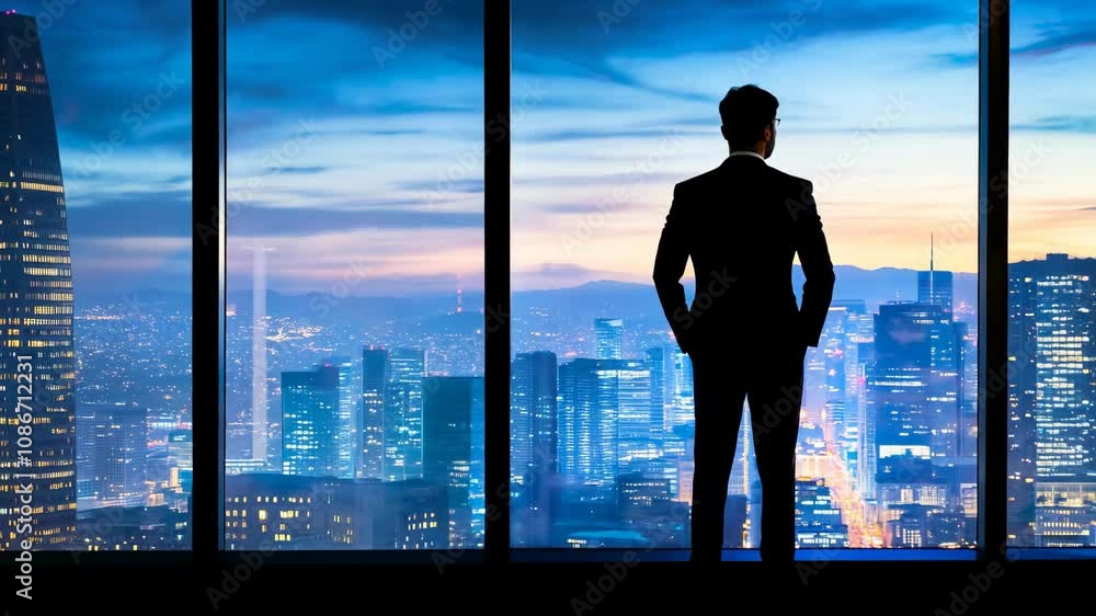 Businessman in Silhouette Stands in Front of Large Windows Overlooking a City at Night Businessman in Silhouette Stands in Front of Large Windows Overlooking a City at Night