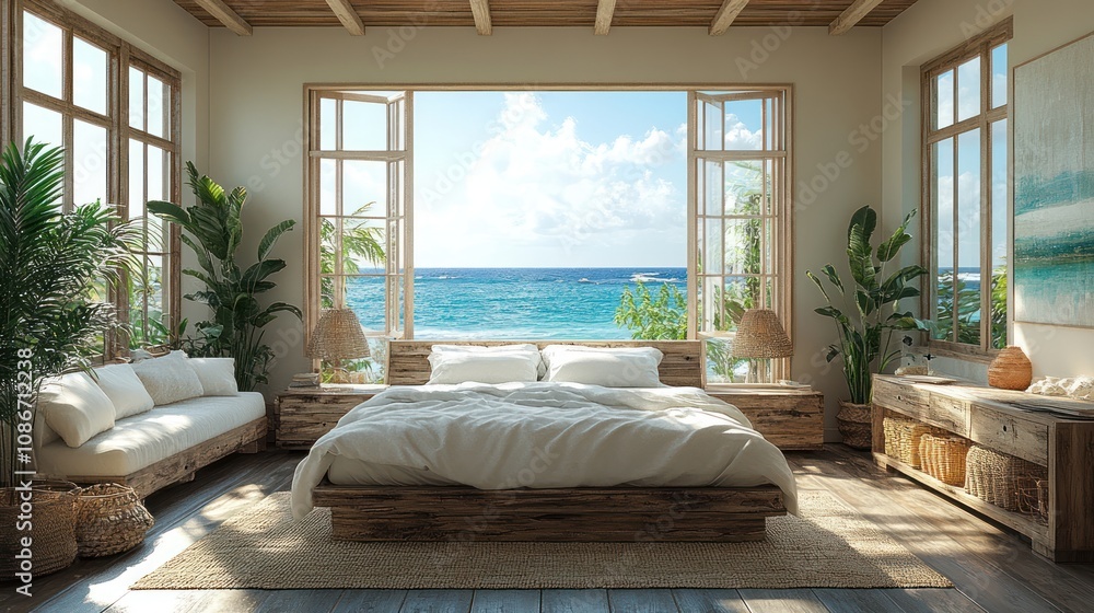 3D detailed coastal bedroom with driftwood furniture, light linens, and an ocean view, rendered in 4K. 3D detailed coastal bedroom with driftwood furniture, light linens, and an ocean view, rendered in 4K.
