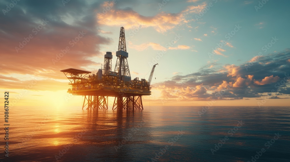 An offshore oil rig silhouetted against a vibrant sunset, showcasing its towering structure and tranquil ocean surroundings. An offshore oil rig silhouetted against a vibrant sunset, showcasing its towering structure and tranquil ocean surroundings.