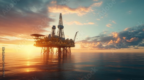 An offshore oil rig silhouetted against a vibrant sunset, showcasing its towering structure and tranquil ocean surroundings.