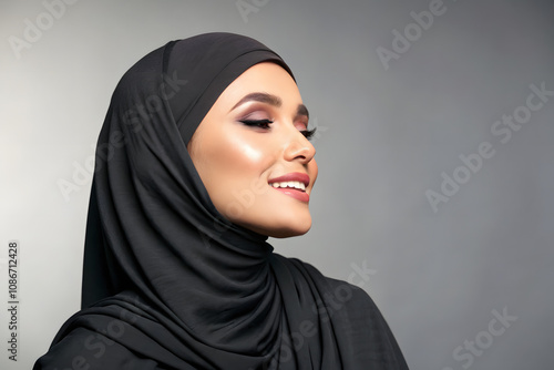 gorgeous hijabed model. isolated on grey background. created by Generative AI