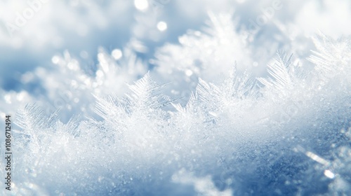 A close-up of intricate snowflakes delicately resting on a frosty surface, creating a serene winter landscape.