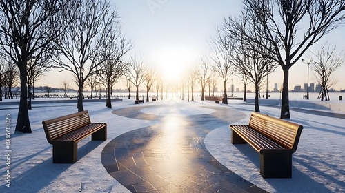 Winter park layout, circular benches and bare trees, serene and empty atmosphere photo