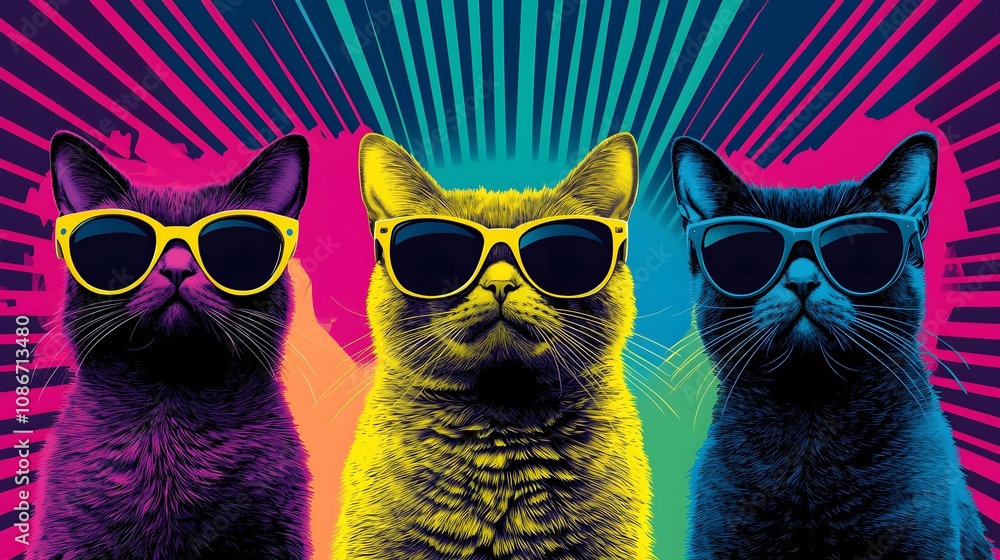 Fototapeta premium Playful cats with glasses, neon-hued pop art, vibrant geometric patterns, vivid and energetic scene