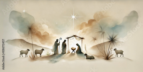 Nativity scene in Bethlehem. Christmas scene illustration showing Holy Family baby Jesus in the manger Mary and Joseph. Watercolor painting. Banner Copyspace