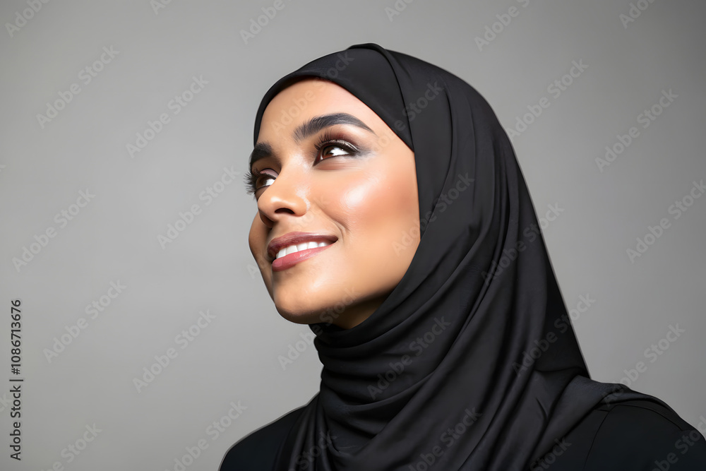 gorgeous hijabed model. isolated on grey background. created by Generative AI