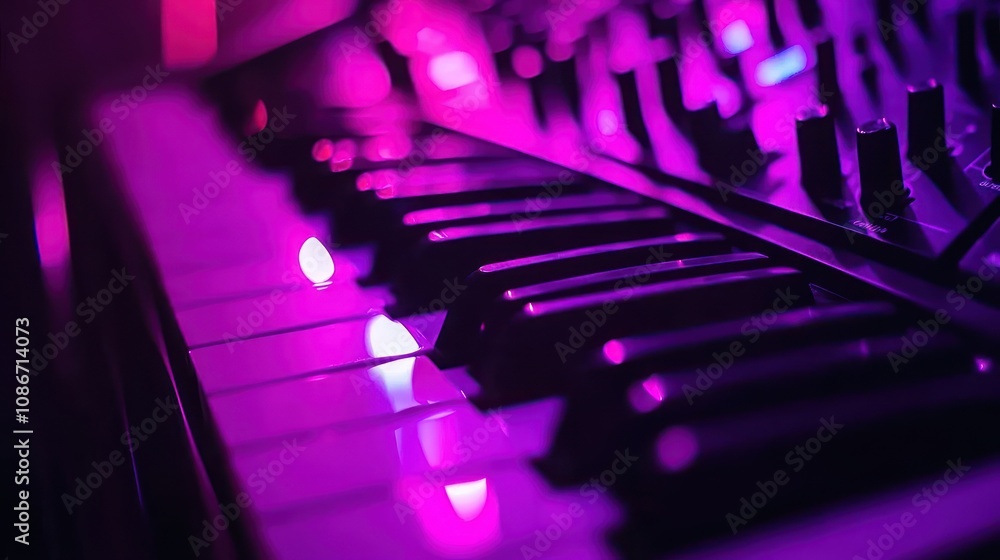 A close-up of piano keys illuminated by purple lighting, suggesting a musical atmosphere. A close-up of piano keys illuminated by purple lighting, suggesting a musical atmosphere.