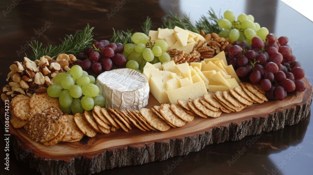 An inviting cheese board with a gourmet selection of cheeses, fruits, and accompaniments, arranged beautifully on a rustic wooden board. An inviting cheese board with a gourmet selection of cheeses, fruits, and accompaniments, arranged beautifully on a rustic wooden board.