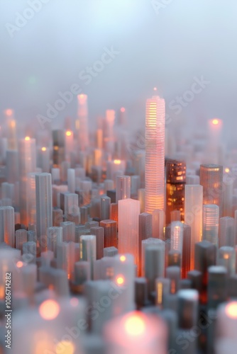 A cityscape with tall buildings and a glowing city skyline. The city is lit up with lights, giving it a warm and inviting atmosphere. The buildings are made of metal, giving the city a futuristic feel