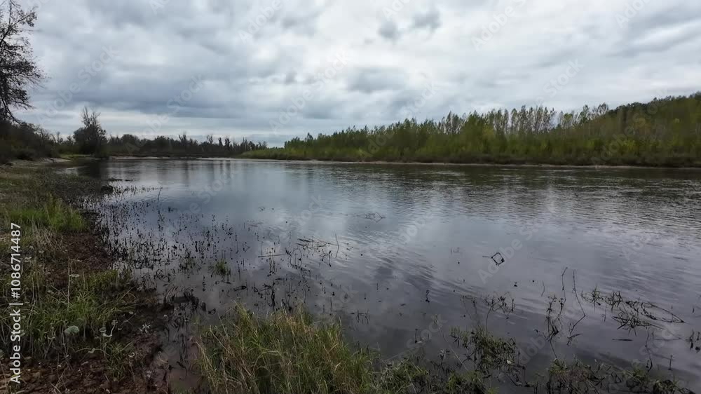 This scene features a large, expansive body of water that is beautifully surrounded by a variety of trees, all set against a backdrop of an overcast, cloudy day that adds to the serene atmosphere This scene features a large, expansive body of water that is beautifully surrounded by a variety of trees, all set against a backdrop of an overcast, cloudy day that adds to the serene atmosphere