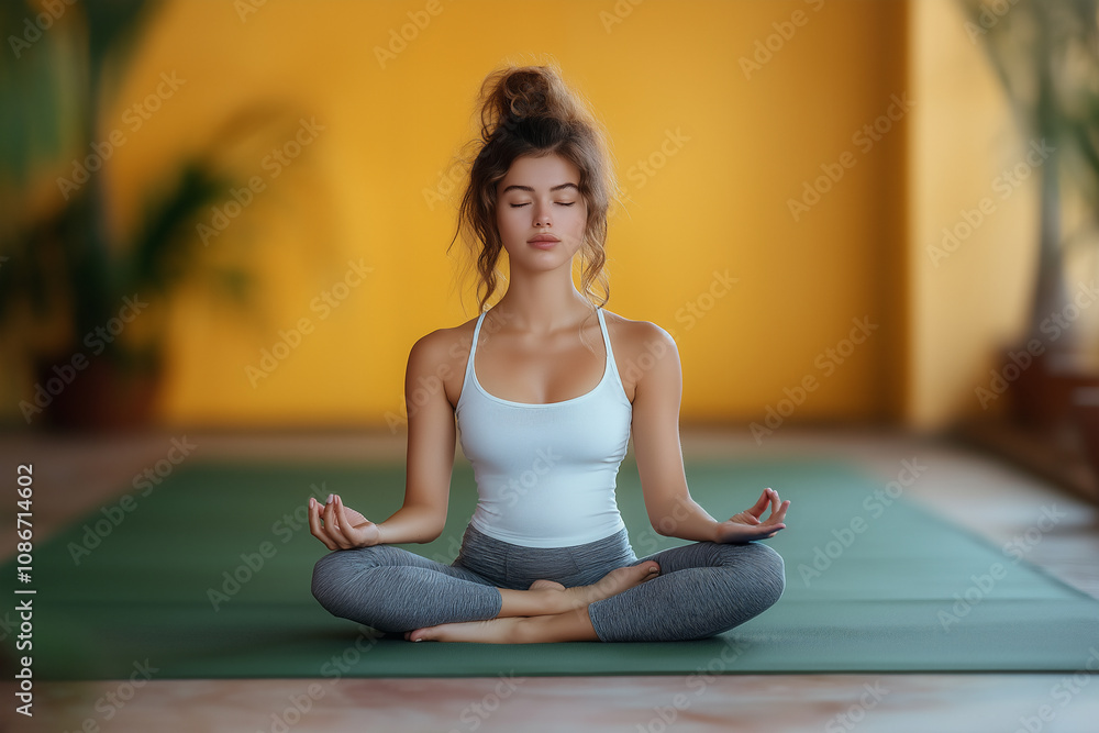 Young relaxed cute woman man sitting in a lotus yoga position and praying. Green background. Young relaxed cute woman man sitting in a lotus yoga position and praying. Green background.