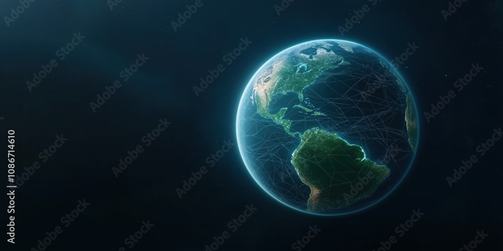 A blue and green planet with a bright light shining on it. The planet is surrounded by a network of lights, giving it a futuristic appearance A blue and green planet with a bright light shining on it. The planet is surrounded by a network of lights, giving it a futuristic appearance