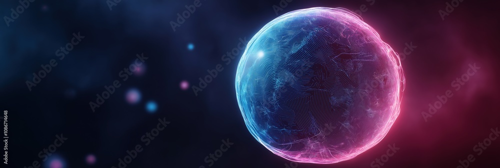 A glowing blue and red sphere in the middle of a dark background. The sphere is surrounded by a series of smaller, glowing spheres. The image has a futuristic, otherworldly feel to it A glowing blue and red sphere in the middle of a dark background. The sphere is surrounded by a series of smaller, glowing spheres. The image has a futuristic, otherworldly feel to it