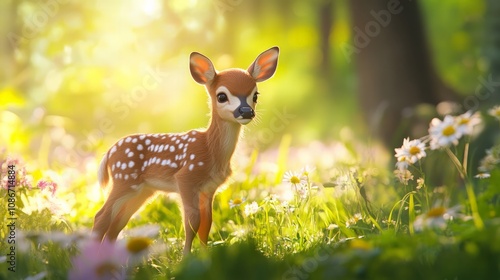 Gentle fawn in lush meadow nature scene natural light close-up perspective serenity and innocence