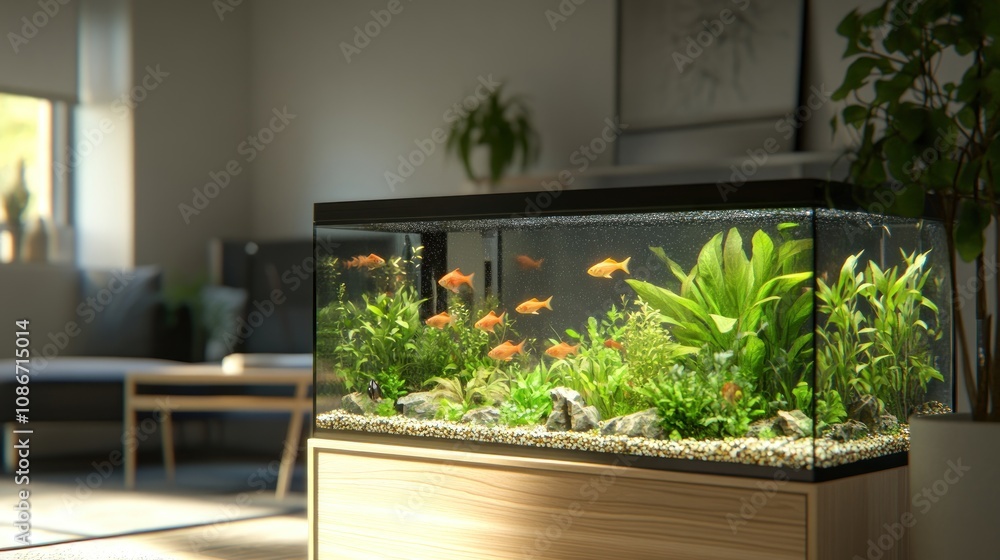 A vibrant aquarium filled with goldfish and aquatic plants in a cozy living space. A vibrant aquarium filled with goldfish and aquatic plants in a cozy living space.