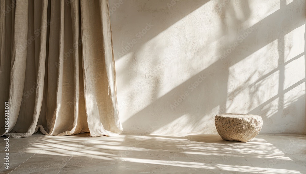 Bright modern room with shadows on a white wall, soft beige curtains, and a stone tabletop. Bright modern room with shadows on a white wall, soft beige curtains, and a stone tabletop.