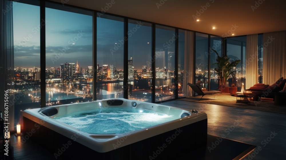 Luxurious indoor hot tub with city skyline view at night. Luxurious indoor hot tub with city skyline view at night.