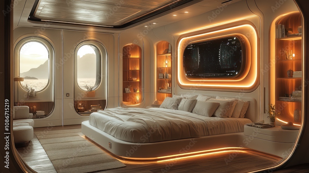 3D futuristic luxury bedroom with holographic displays, clean lines, and glowing LED accents, rendered in 4K. 3D futuristic luxury bedroom with holographic displays, clean lines, and glowing LED accents, rendered in 4K.