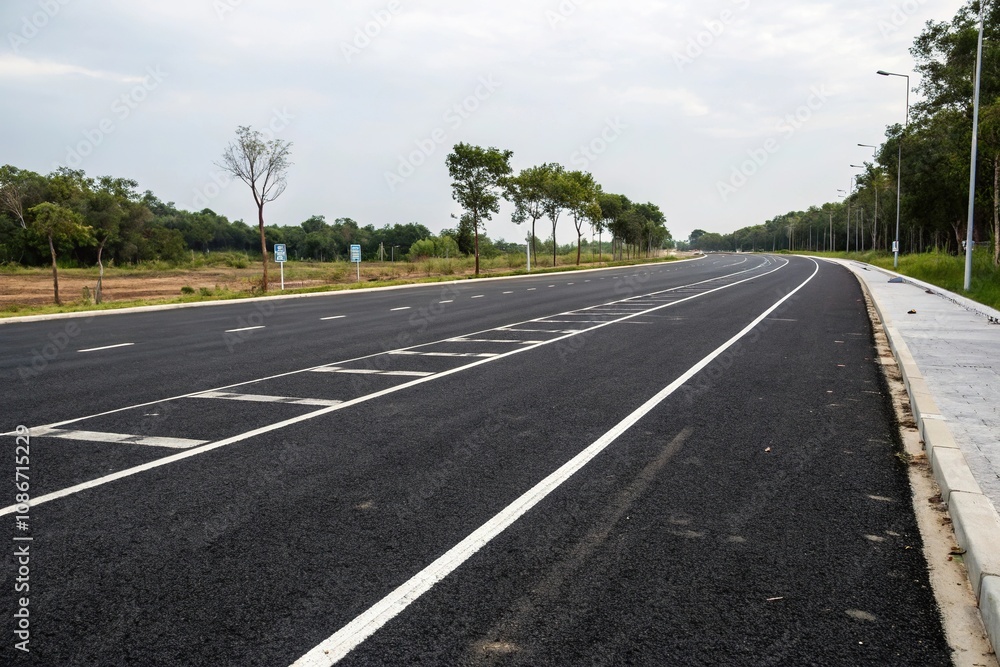 A long stretch of black asphalt road with white stripes and markings, striping, traffic lights A long stretch of black asphalt road with white stripes and markings, striping, traffic lights