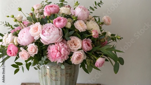 Fototapeta Naklejka Na Ścianę i Meble -  A lush arrangement of fresh pink peonies and roses in a large vase, pink peony vase, spring