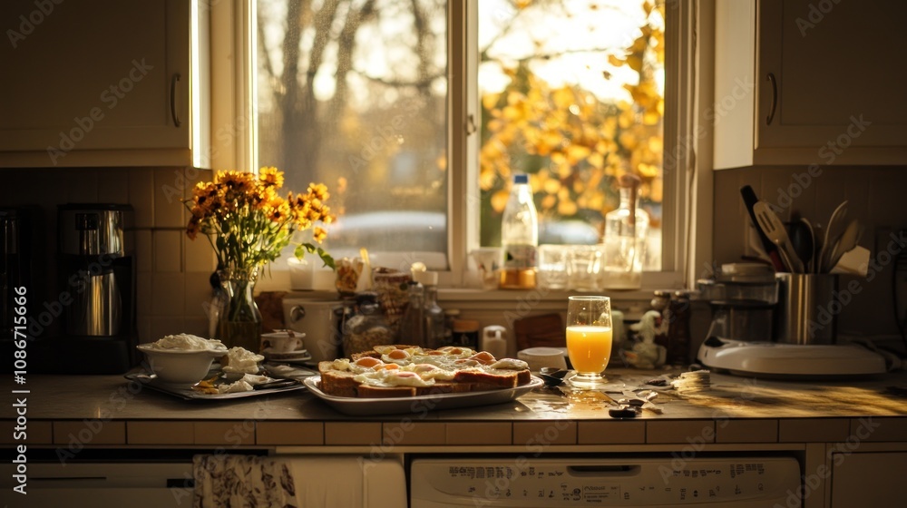 A cozy kitchen scene with breakfast items and a view of autumn foliage. A cozy kitchen scene with breakfast items and a view of autumn foliage.
