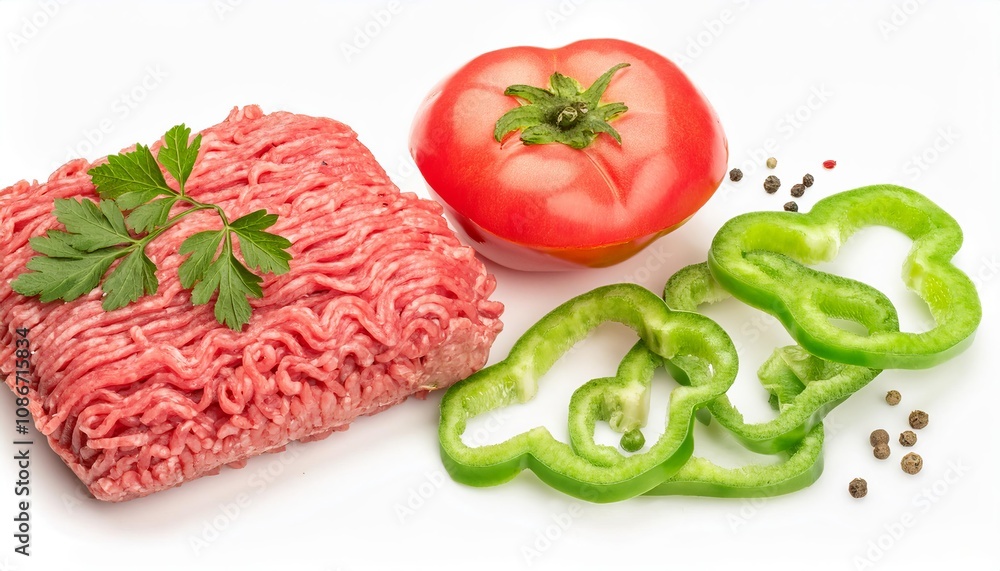 Fresh minced meat with vegetables and spices on white background Fresh minced meat with vegetables and spices on white background